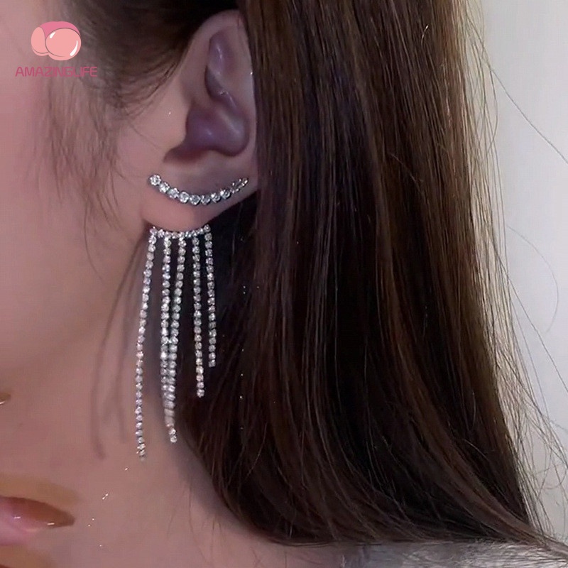 [Amazinglife] Bông Tai Đinh Tán Dáng Dài Đính Kim Cương Giả Phong Cách Hàn Quốc Tinh Tế Cho Nữ Dự Tiệc