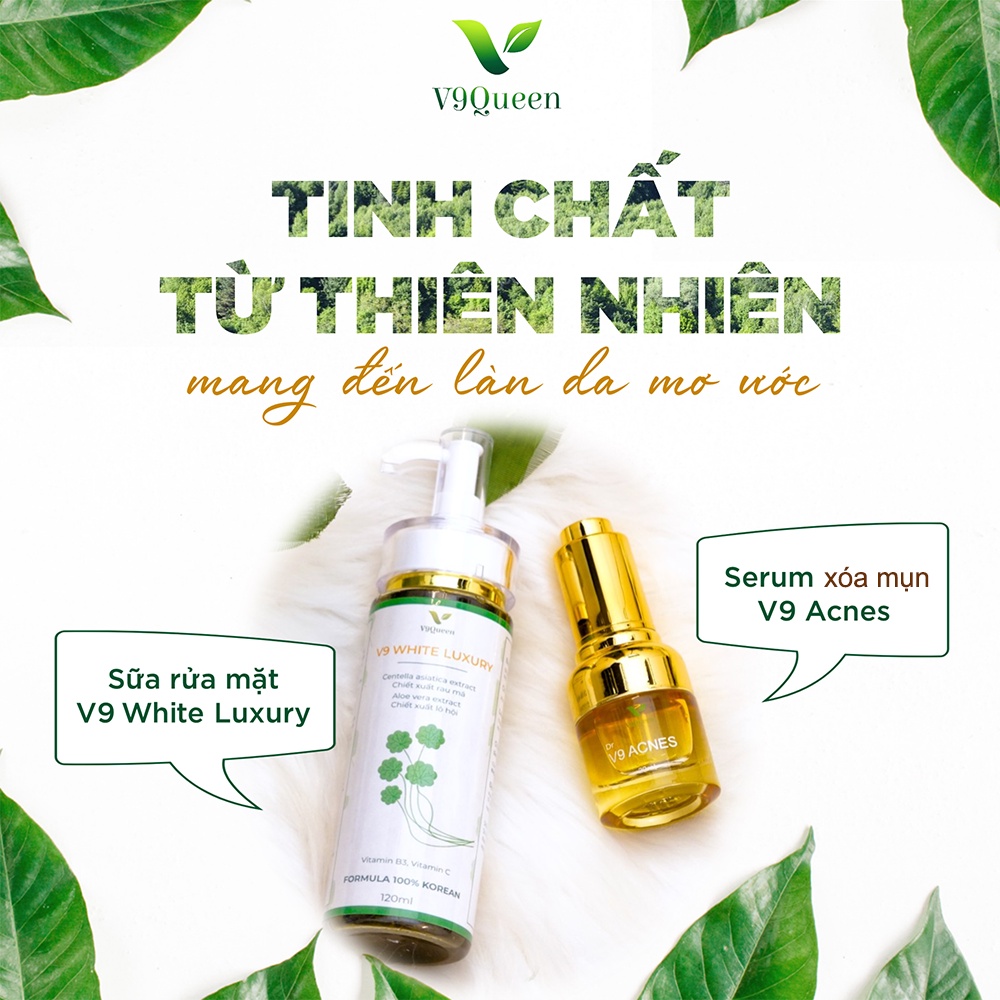 [BỘ ĐÔI] Tinh chất rau má V9Queen, serum giảm mụn 20ml + sữa rửa mặt tạo bọt dịu nhẹ 120ml