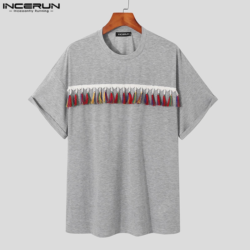 Áo thun INCERUN ngắn tay phối tua rua nhiều màu sắc phong cách dân tộc cho nam