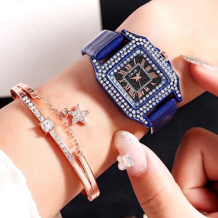 Đồng Hồ Thạch Anh Mặt Vuông Đính Đá Dây Da Dành Cho Nữ