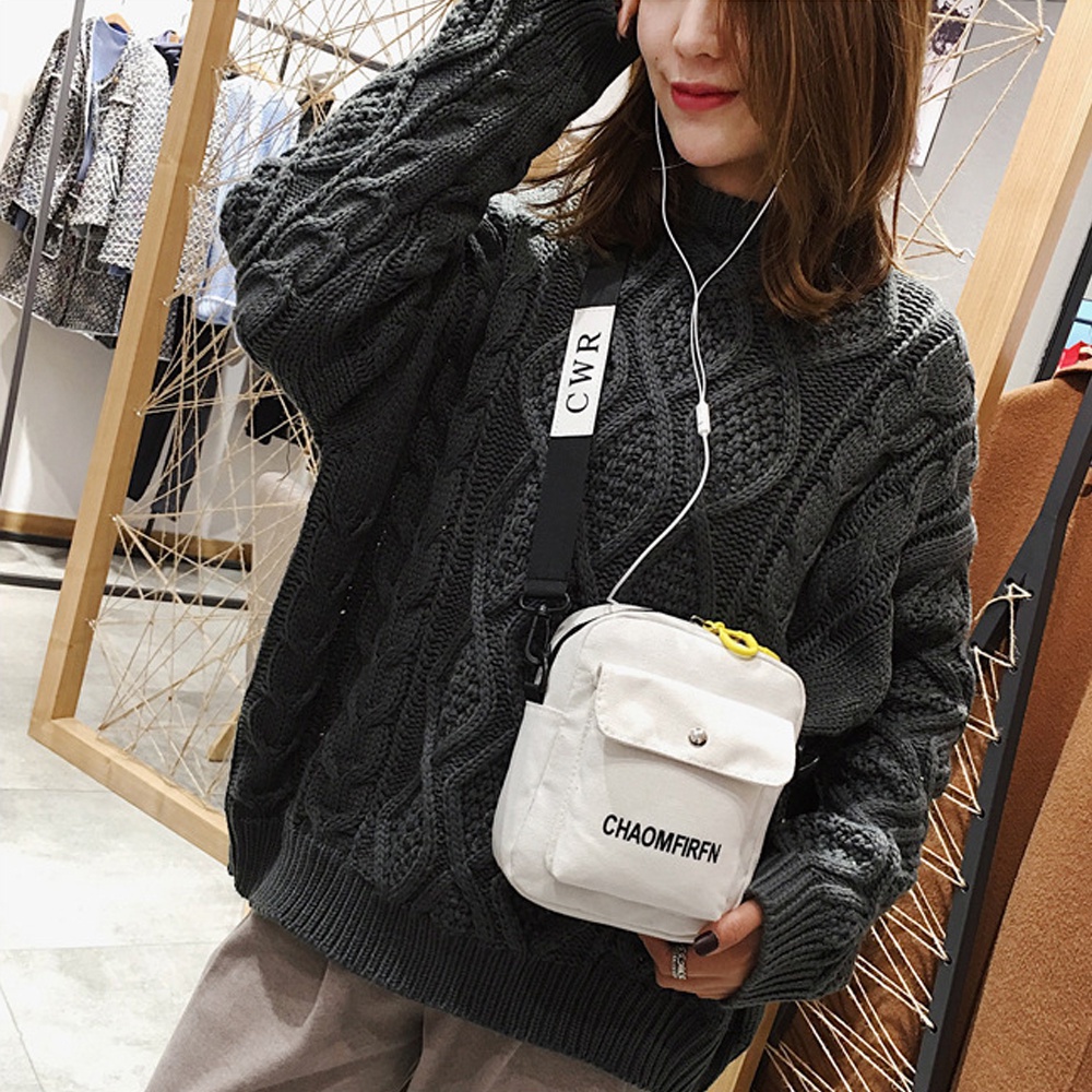 Túi đeo chéo vải canvas có khóa kéo màu trơn họa tiết chữ cái trẻ trung thời trang dành cho nữ