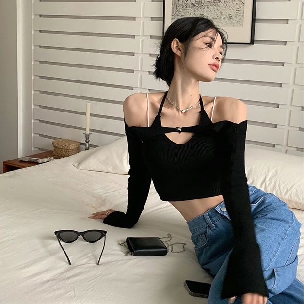 Bộ áo dệt kim và áo choàng tay dài thời trang quyến rũ dễ phối đồ