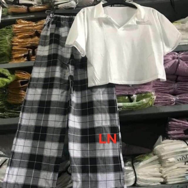 Set áo thun polo croptop cổ bẻ + quần ống rộng kẻ ô
