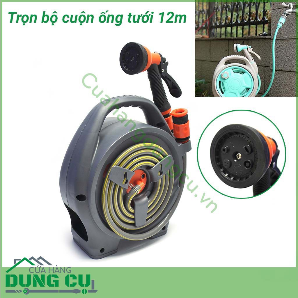 Bộ vòi rửa xe, tưới cây thu cuộn dây ống dài 12m Ống nước siêu bền, không gập, không xoắn, chịu áp lực cao