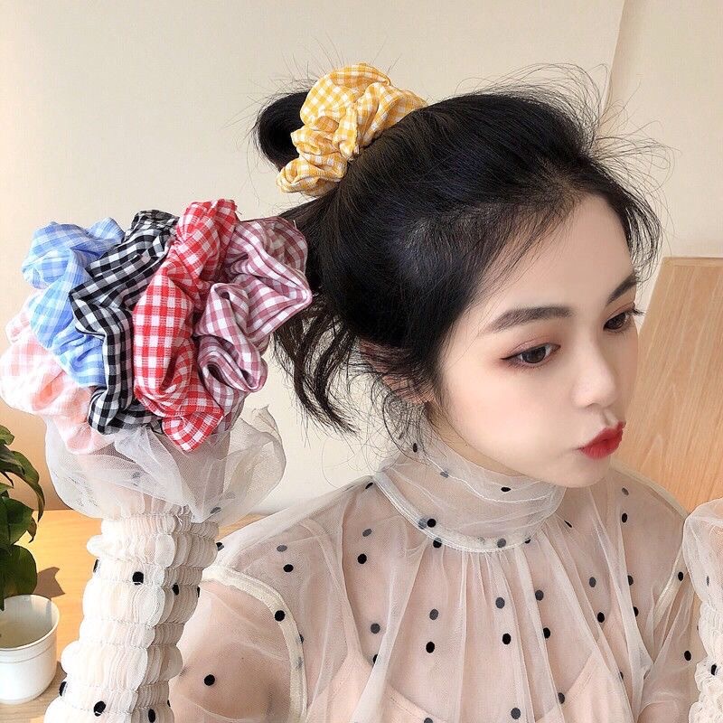 Dây buộc tóc họa tiết sọc caro dễ thương phong cách Hàn Quốc dành cho bạn nữ