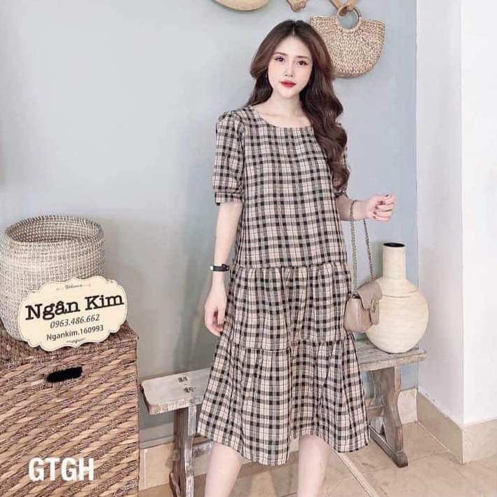 Đầm bầu thời trang thiết kế kẻ caro MB103 chất Cotton thô freesize từ 45 đến 70kg