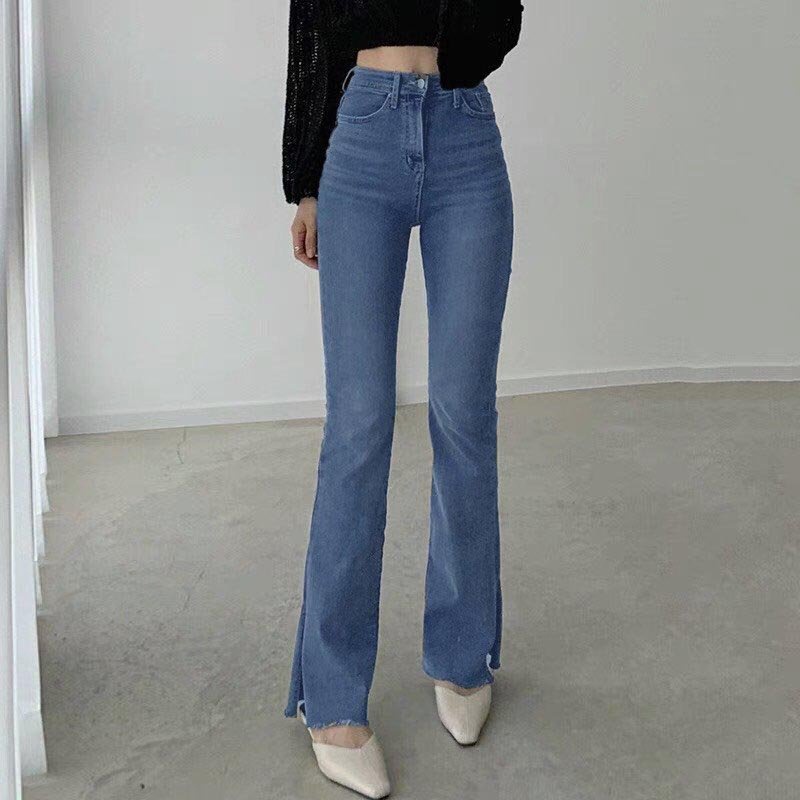 Quần jean dài cạp cao, quần jean xẻ gấu,quần jean ống loe, quần jean tua phong cách_j13