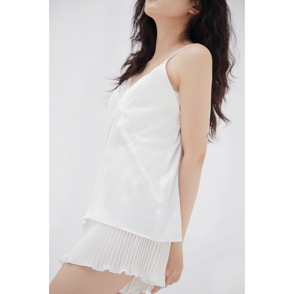 Bộ Pyjamas Nữ Mặc Nhà Áo Cộc Quần Cộc Chất Liệu Lụa Thiết Kế Hai Dây Phối Ren Feather Camisole Set Trắng LILAS BLANC