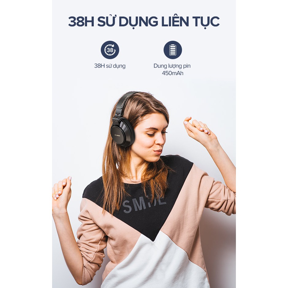 Tai Nghe Không Dây Over-Ear VIVAN Bluetooth 5.0 Liberty H100-Siêu nhẹ 200g- Chuẩn Chống Ồn Thụ Động- Âm Thanh Sắc Nét