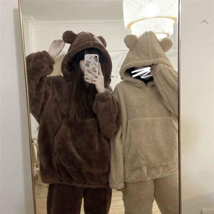 Set bộ hoodie có mũ tai gấu cute 2 màu nâu , be siêu xinh chất lông dày dặn, ấm áp đồ ngủ mùa Đông mặc nhà