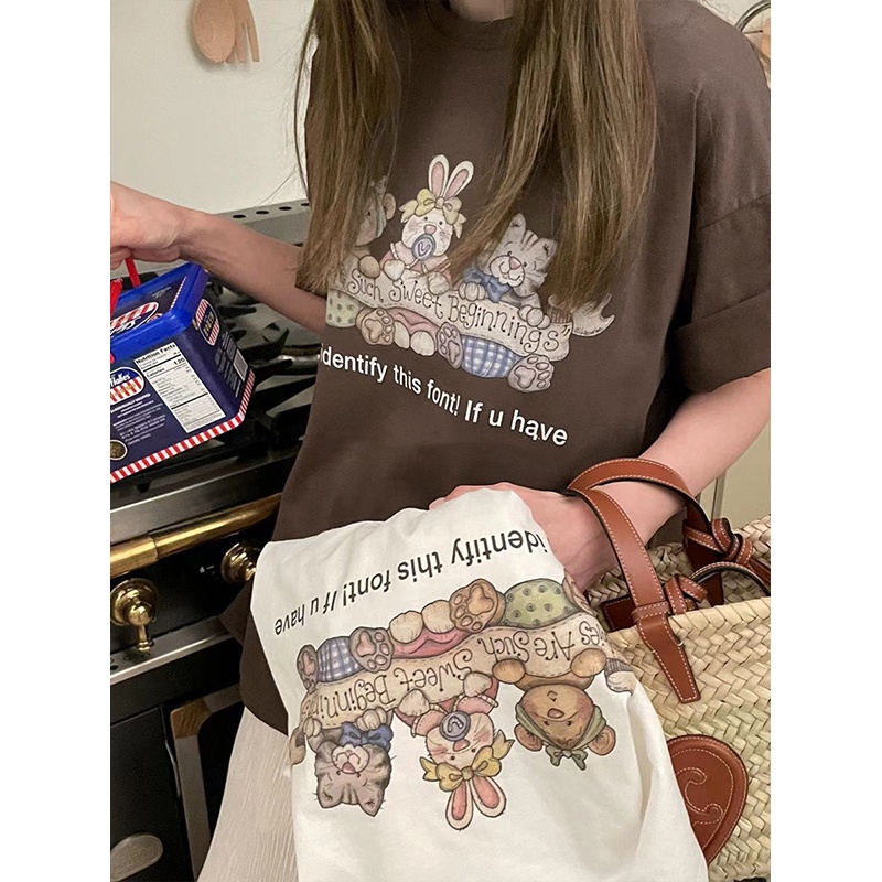 NRVP Áo thun 100% cotton tay ngắn cổ tròn dáng rộng phong cách Hàn Quốc cho nữ