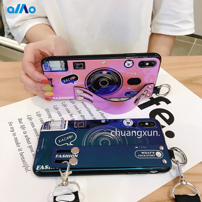 Ốp điện thoại hình máy ảnh ánh sáng xanh lam thời trang có dây đeo dành cho Oppo Reno6 Reno6 Z 5g