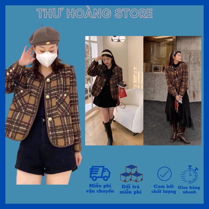 [Ảnh+ video tự chụp](nhập tutu78 giảm ngay 30k) Áo khoác dạ nữ dài tay TWEED kẻ nâu cúc ngọc