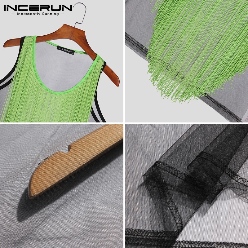 Áo tank top INCERUN cổ tròn phối tua rua xuyên thấu thời trang mùa hè cho nam
