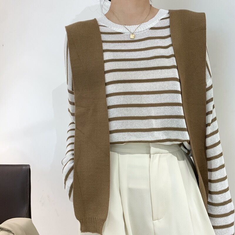 Set áo sweater SUXI dệt kim tay dài dáng rộng họa tiết kẻ sọc có khăn choàng cổ phong cách Hàn Quốc thời trang