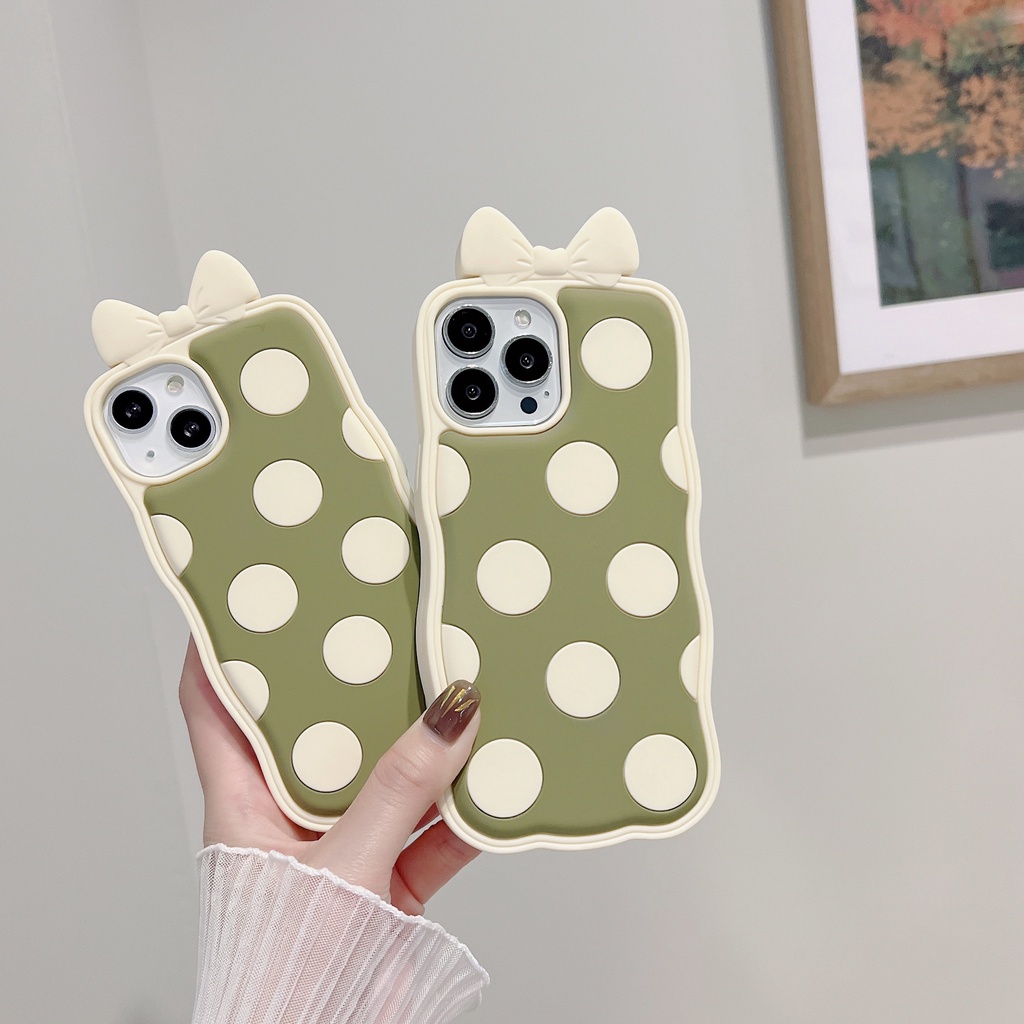 Ốp Điện Thoại Silicon Mềm Chống Sốc Họa Tiết Chấm Bi Phối Nơ Màu Xanh Lá Cho 11 xs max 7P / 8 Plus / 12pro / 13 / pro max