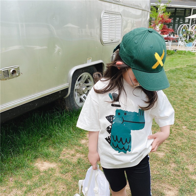 Bộ cộc tay bé gái in hình khủng long ngỗ nghĩnh, Sét áo in hình khủng long xanh Dino kèm quần legging đùi cho bé