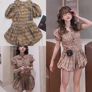 Set áo sơmi sọc + quần short bí nhún phồng cực iu