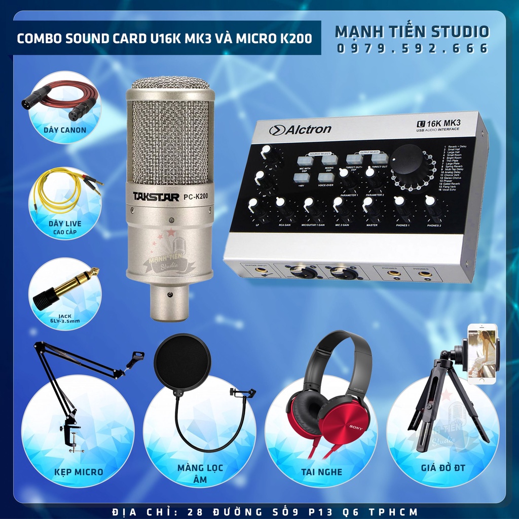 [Siêu Tiết Kiệm] Combo SoundCard U16K MK 3 + Micro Takstar PC K200 thu âm, hát karaoke, livestream bán hàng,bigo,fb