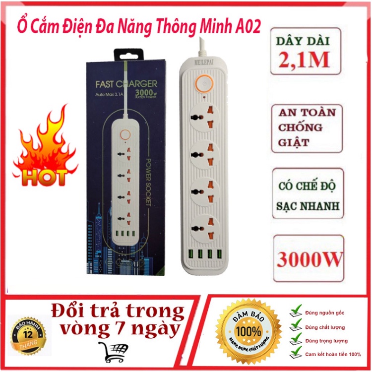 Ổ Điện Đa Năng Thông Minh An Toàn Chống Giật, Chống Cháy Nổ - Cao Cấp A02, Chịu Tải 3000W - Auto Max 3.1A