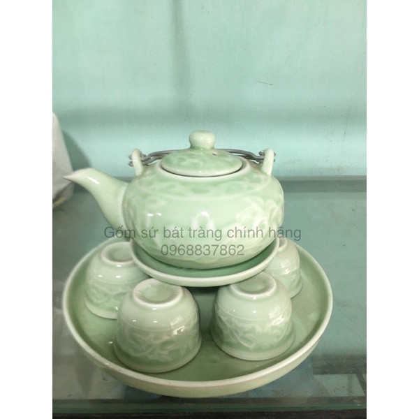 Bộ ấm uống trà men ngọc nổi 6 chén thanh nhã - Gốm sứ Bát Tràng chính hãng