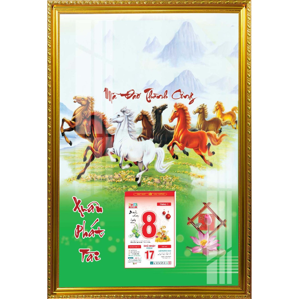 Lịch Gỗ Phù Điêu Khung Vàng Cao Cấp Treo Tường Laminate Tráng Gương 2023 (45 x 65cm) - Mã Đáo Thành Công