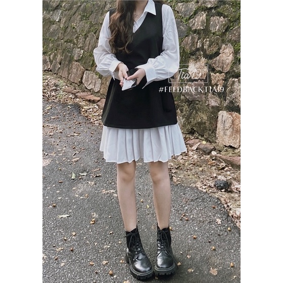 Set váy yếm xếp ly dài tay Tia19 . Đầm sơmi dáng xoè ulzzang