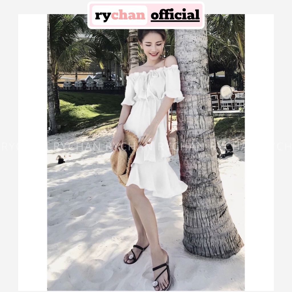 Đầm Đi Chơi Du Lịch Biển Xòe Trễ Vai Nơ Cổ Phối Bèo 3 Màu Trắng Vàng Đỏ - DX553