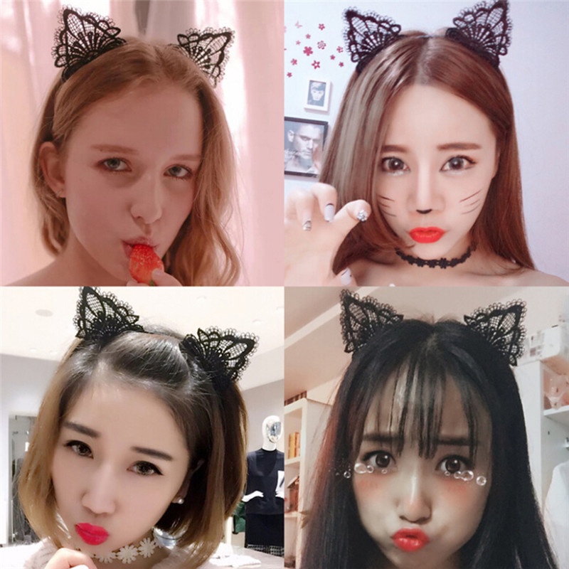 Băng đô tai mèo phối ren xinh xắn cho nữ