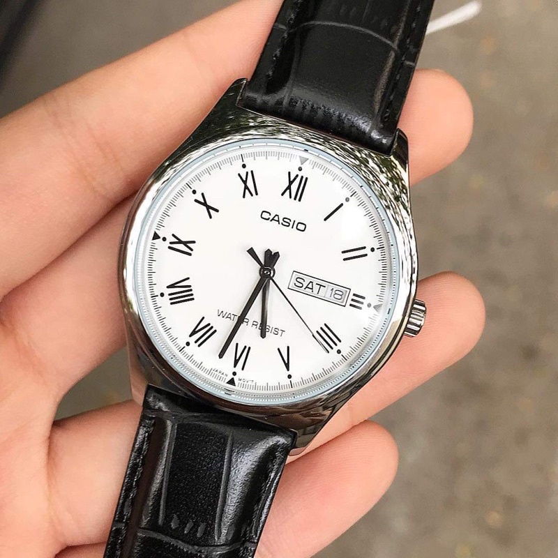 Đồng hồ đôi chính hãng CASIO V006L dây da đen mặt số la mã