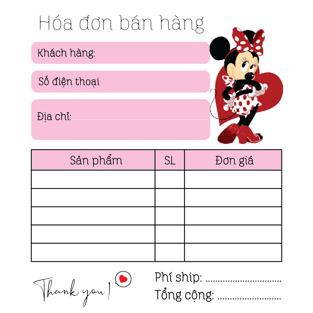 Hoá đơn bán hàng mini 1 liên dễ thương mẫu chuột Mickey