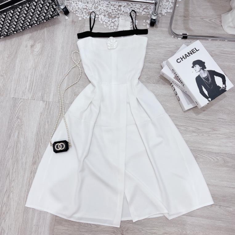 [ 𝐅𝐑𝐄𝐄 𝐒𝐇𝐈𝐏 ] VÁY TRẮNG HOT XẺ TÀ KÈM TAG HOA 2 DÂY PHỐI ĐEN