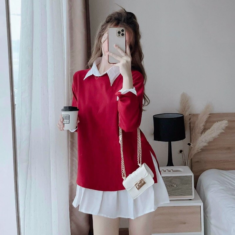 [FREESHIP] Set áo sơ mi đuôi cá dập ly phối cùng áo gile đỏ mặc ngoài xẻ tà siêu đỉnh