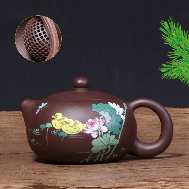 Ấm Tử Sa Nghi Hưng Tây Thi Hà Đường Nguyệt Sắc Phủ Men Pháp Lam 300 ml (Lọc Tổ Ong, Tử Nê)