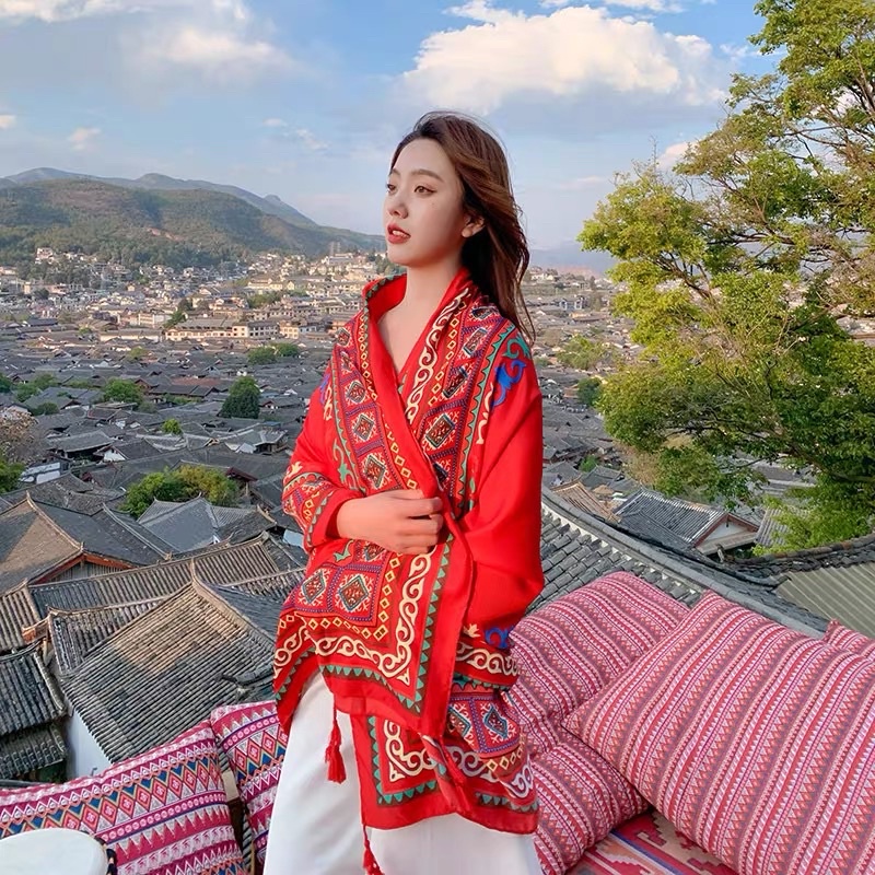 [Khăn Loại 1] Khăn Choàng Boho Đi Biển Hoạ Tiết Thổ Cẩm Nền Đỏ Rực Rỡ
