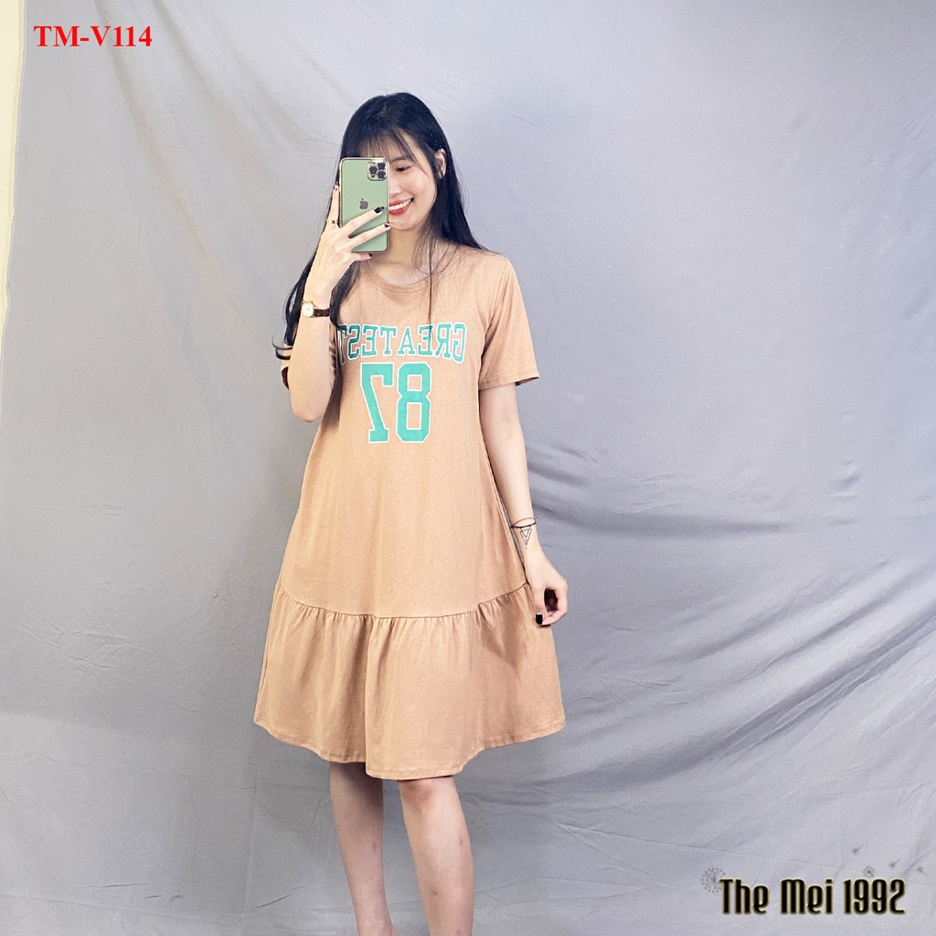 Váy thun suông nữ The Mei 1992 - Đầm bầu cao cấp chất cotton mát dáng đuôi cá có chữ trước ngực siêu xinh | BigBuy360 - bigbuy360.vn