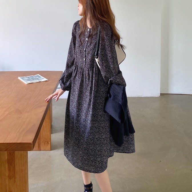 Đầm mini tay dài cổ tròn in hoa thời trang nữ 38078