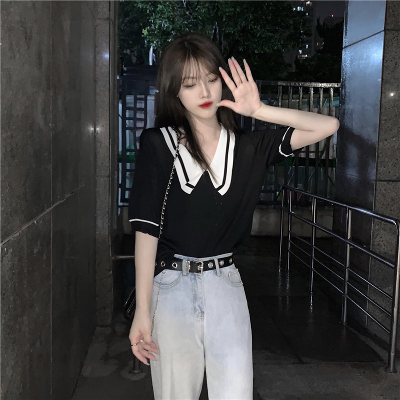 Áo dệt kim ZHELIHANGFEI tay ngắn cổ búp bê màu tương phản phong cách phương Tây thời trang mùa hè 2022 cho nữ