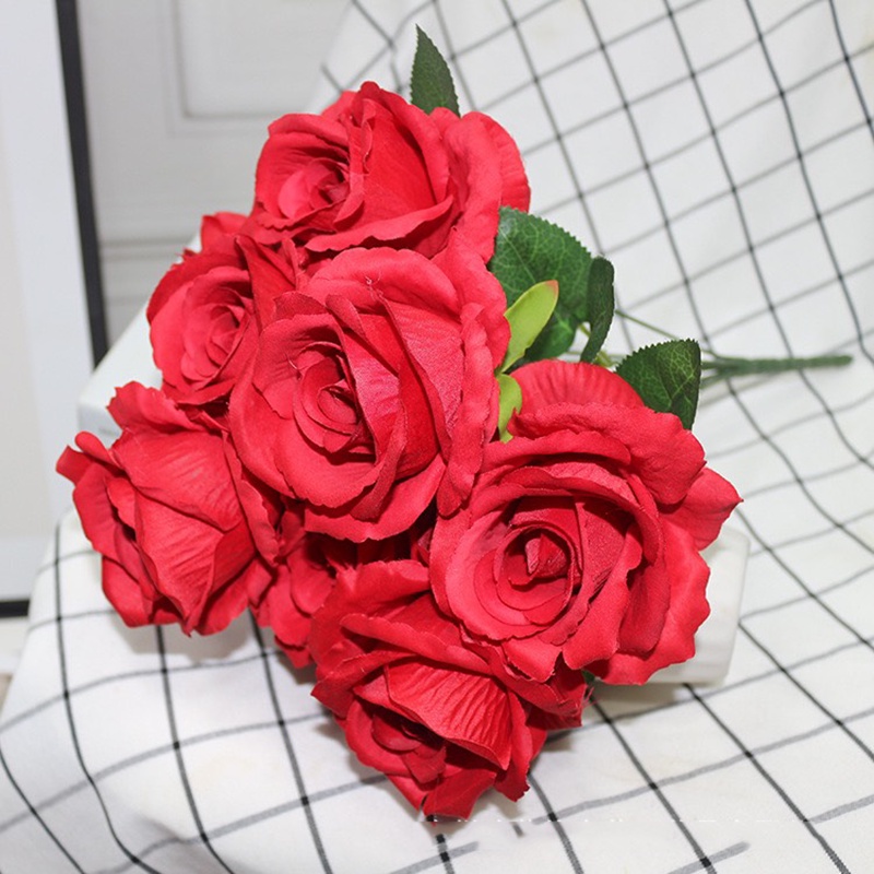 Hoa Giả- Cụm Hoa Hồng Giả 9 Bông 45cm Decor Nhà Cửa Siêu Xinh