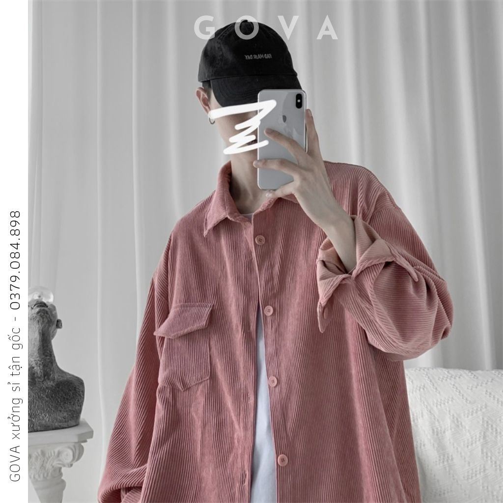 Áo Khoác Sơ Mi Nhung Tăm GẮN LOGO Nam Nữ Kiểu Basic Dài Tay, Áo Oversize Nhiều Màu GOVA