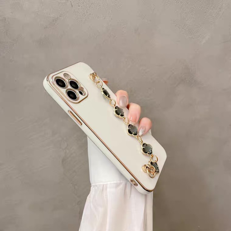 Ốp lưng iphone mạ điện 6D kèm dây cỏ 4 lá sang trọng cho Iphone 7 8 Plus SE X XS XS Max 11 12 13 14 Pro Max