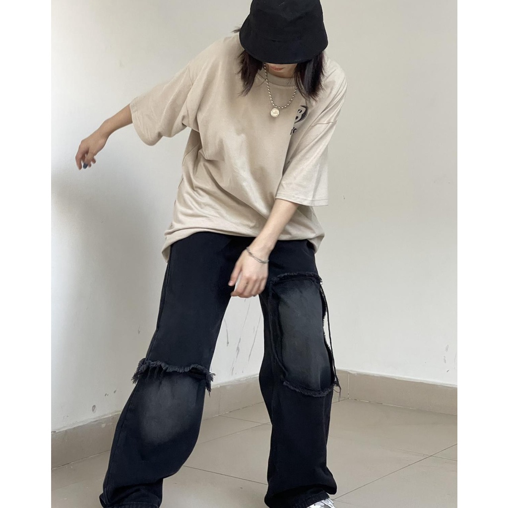 Quần jean dài lưng cao ống rộng dáng suông kiểu retro cá tính cho nữ