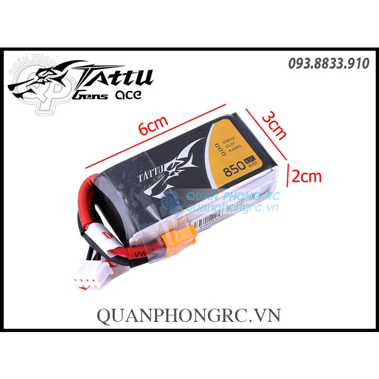 Pin Tattu 850mAh 3S 45C 11.1V LiPo Battery XT30 Plug