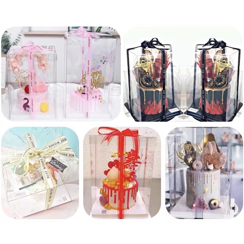 Set 10 hộp mica trong size 26,28,30 và 32(cao 18cm và 25cm) đế trắng đựng bánh gato, bánh kem, đựng quà.