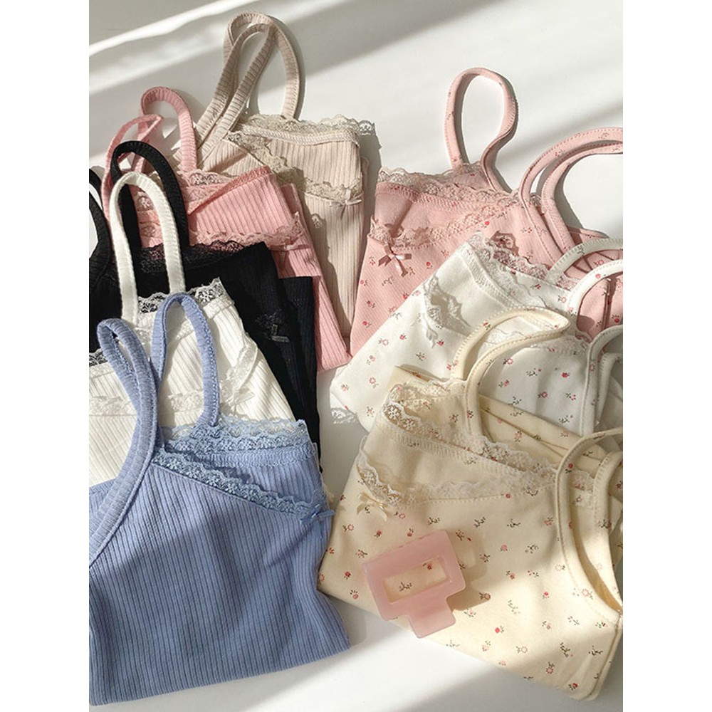 🌿 Áo cami 2 dây croptop cổ chữ V viền ren hoa nhí thun tăm ulzzang 🔥