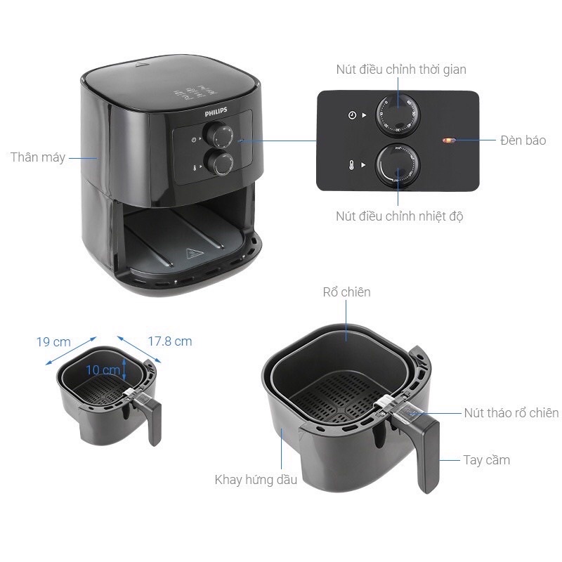 Nồi chiên không dầu ,Philips HD9200/90 4.1 lít, Philips HD9270/90 XL dung tích lớn 6.2 lít