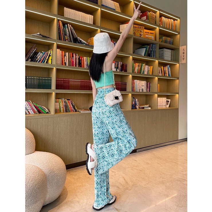 Quần dài ZHELIHANGFEI lưng cao ống rộng họa tiết hoa xinh xắn hợp thời trang