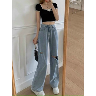 Quần Baggy JEANS ống suông rách gối