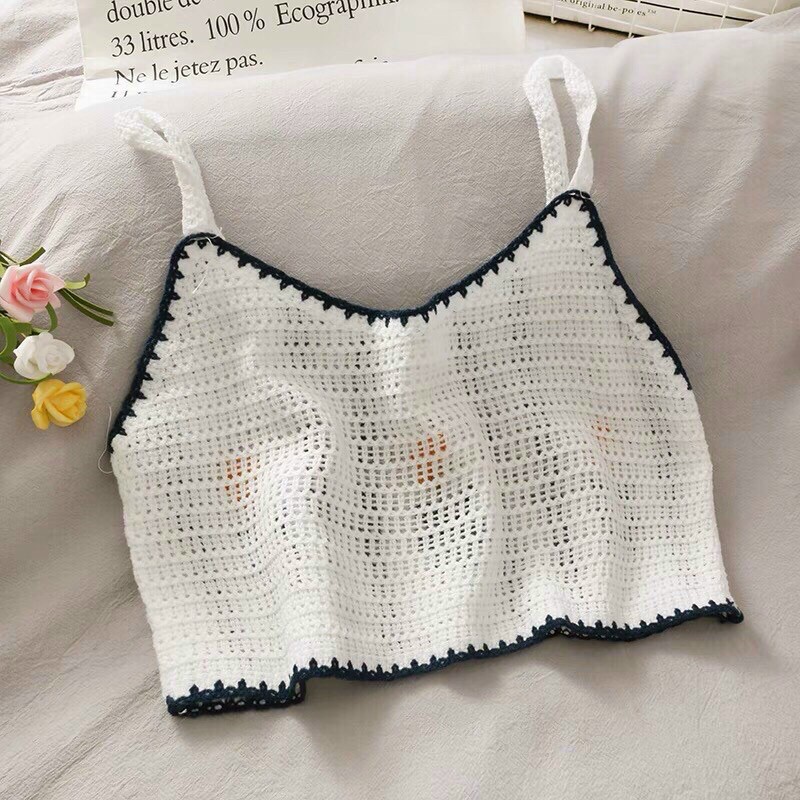 💥Áo 2 dây len đan thêu hoa croptop cho nữ