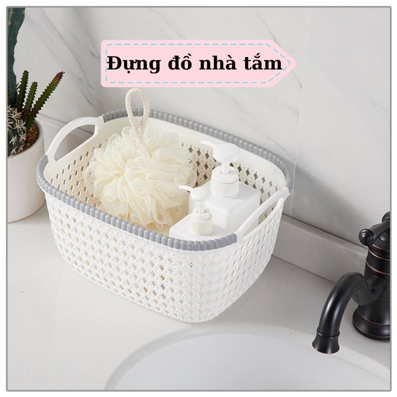 Giỏ nhựa đựng đồ đa năng Rổ nhựa chữ nhật giả đan mây có quai xách